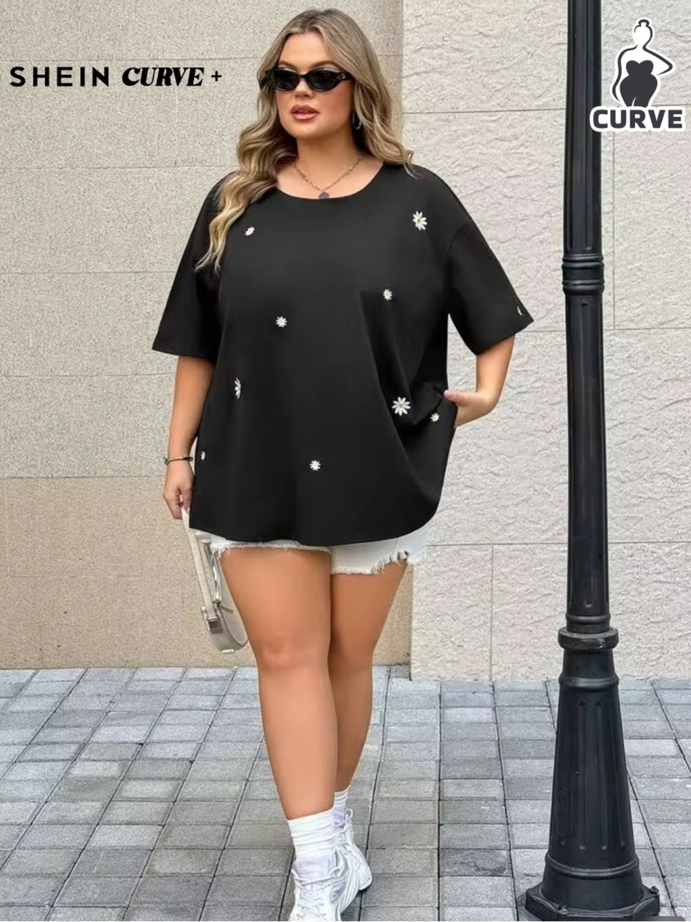 SHEIN Black Shirt with Daisy Embroidered Print Size 1X